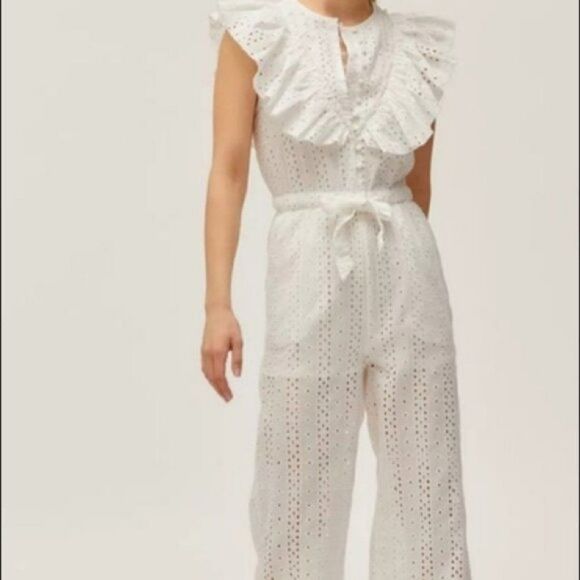 Urban Outfitters White Magnolia Floral Eyelet Ruffle Straight Cropped Jumpsuit M - Picture 2 of 10